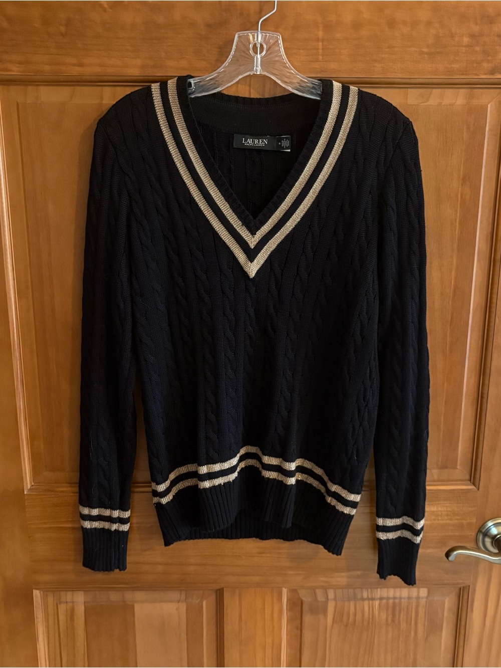 Lauren Ralph Lauren Black Sweater with Gold Metallic Thread Stripes, women's M